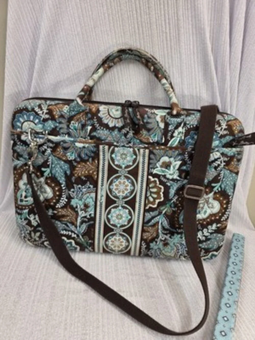 Vera Bradley Floral Padded 17in Laptop Shoulder/Messenger Bag, Brown/Blue